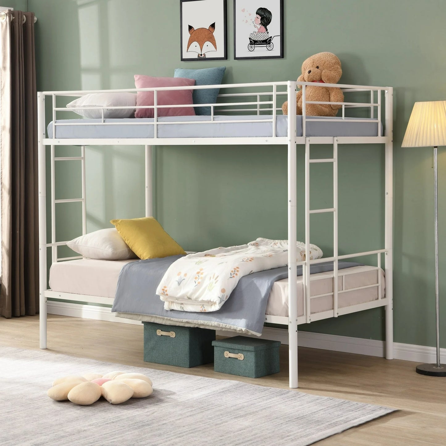 PAPROOS Metal Twin Over Twin Bunk Bed with 2 Ladders, Twin Bunk Beds for Kids Teens with Full Length Guardrails, Convertible Bunk Bed Can Be Divided Into 2 Twin Beds, No Box Spring Needed, Black