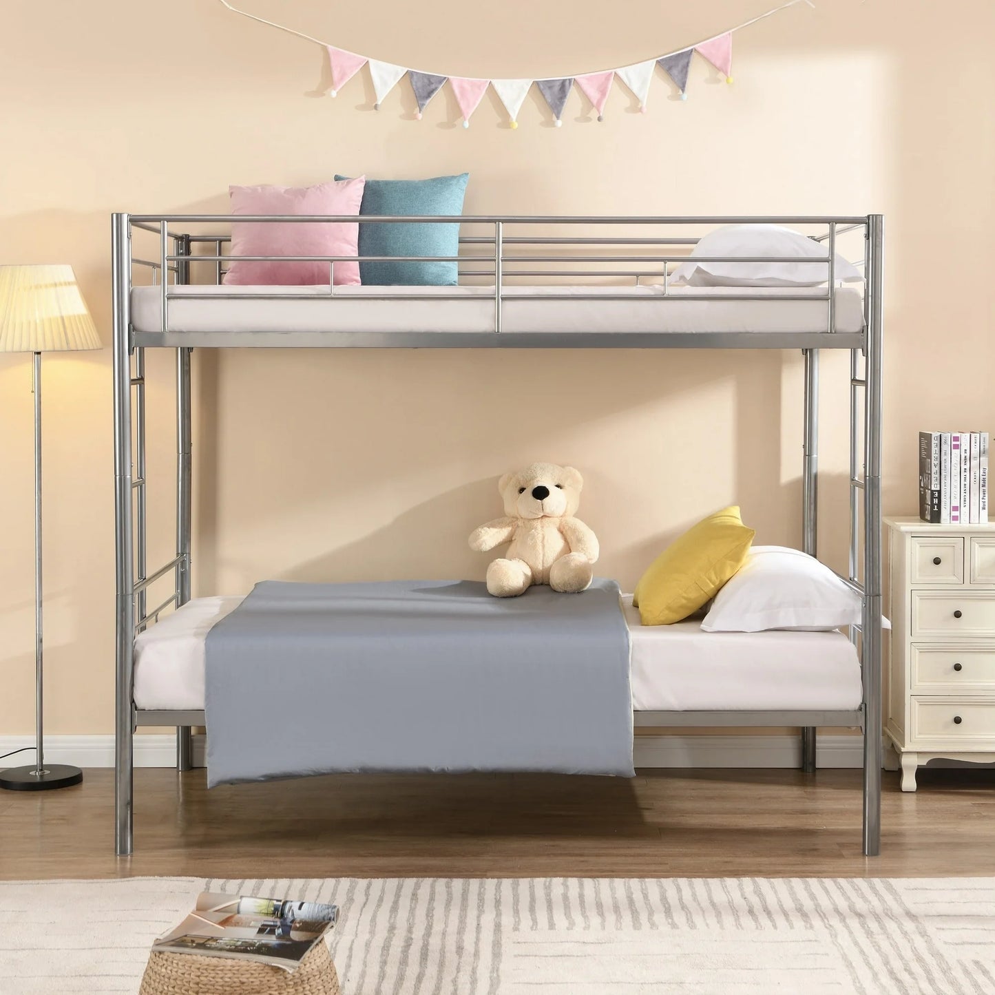 PAPROOS Metal Twin Over Twin Bunk Bed with 2 Ladders, Twin Bunk Beds for Kids Teens with Full Length Guardrails, Convertible Bunk Bed Can Be Divided Into 2 Twin Beds, No Box Spring Needed, Black