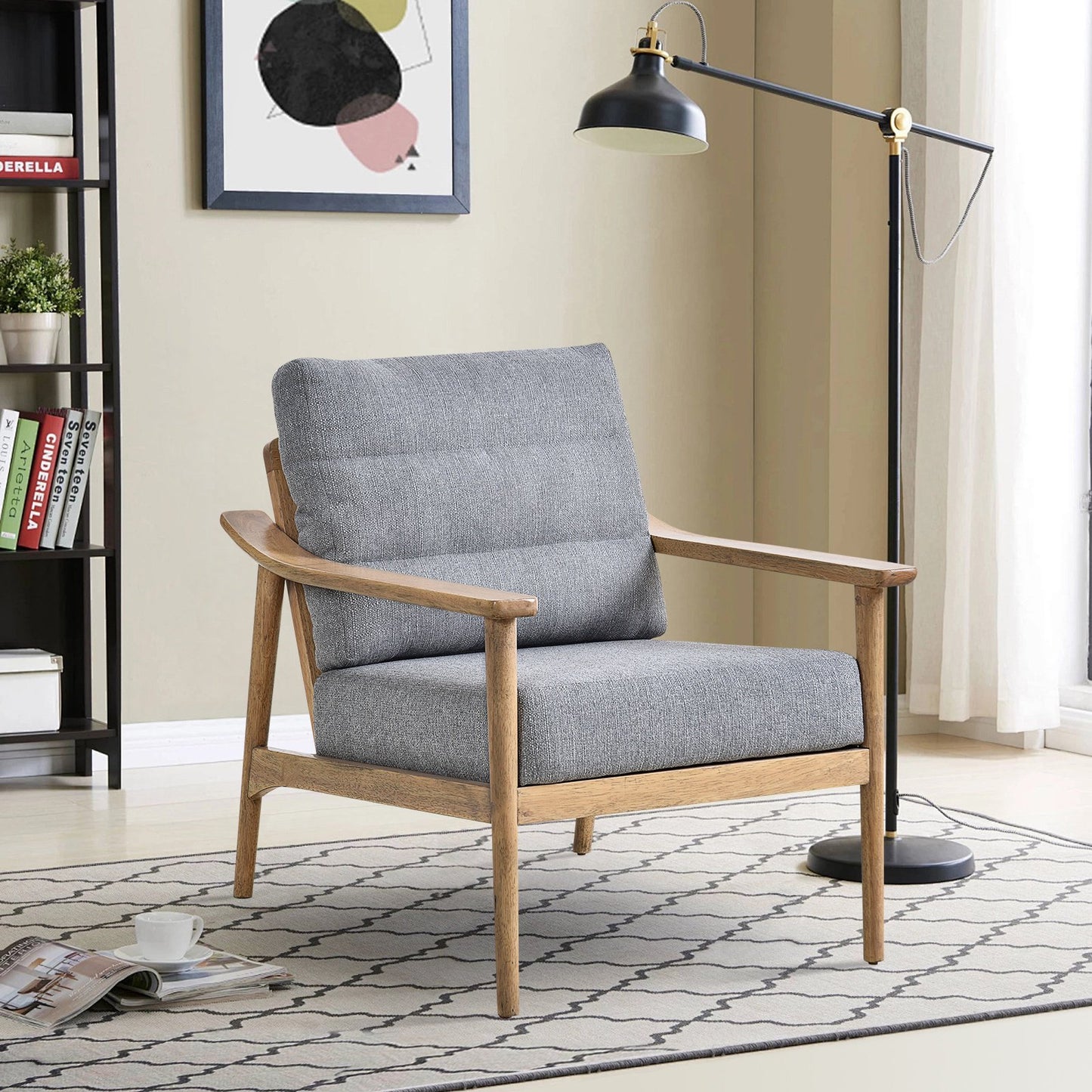 Sesslife Mid-Century Accent Chair, Modern Upholstered Arm Chair with Solid Wood Armrests and Legs, Linen Fabric Single Sofa with Soft Cushion, Reading Side Chair for Living Room, Bedroom, Gray