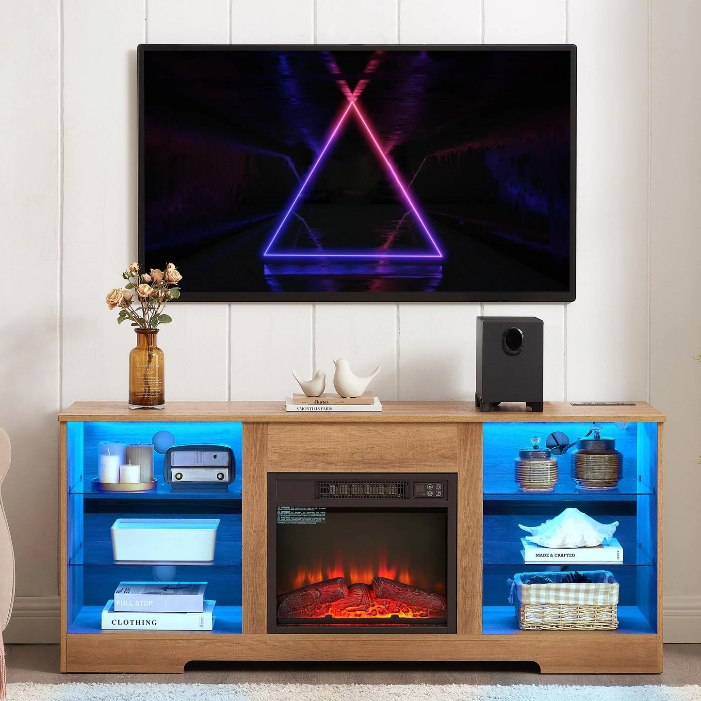 Sesslife Electric Fireplace TV Stand with LED Lights for 60 Inch TV, TV Console with Adjustable Open Storage Shelves and Charging Station, Modern Media Entertainment Center for Living Room, White