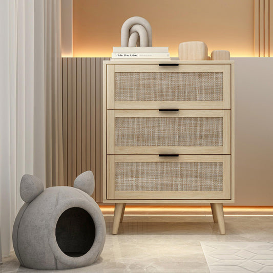 Sesslife Natural Cabinet with 3 Drawers, Modern End Side Table, Nightstand Storage Cabinet for Bedroom, Living Room