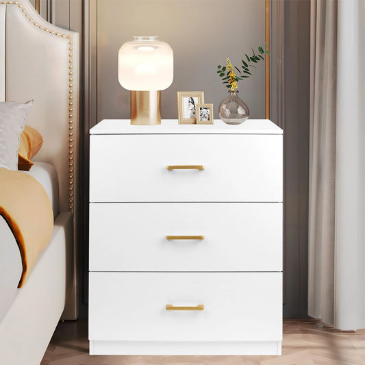 Sesslife 3 Drawer Dresser, Solid Wood Nightstand Chest of Drawers with Wide Storage Space, Accent White Bedside Table Cabinet for Bedroom, Living Room, Entry