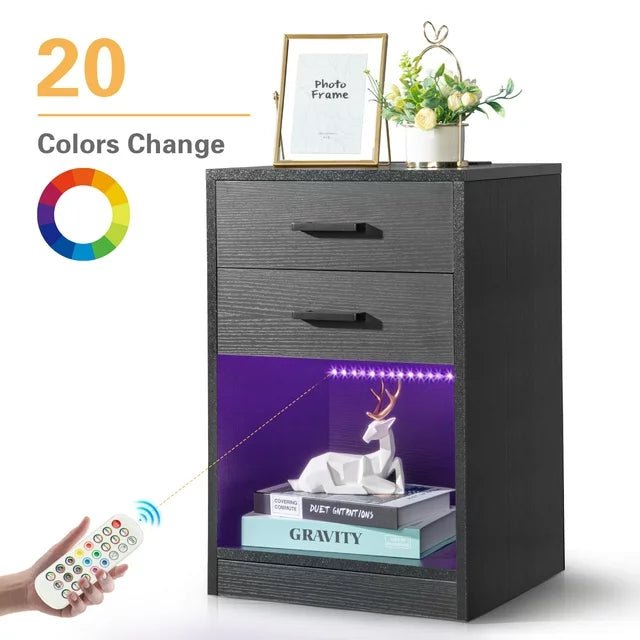 Sesslife Nightstand w/LED Lights, Modern End Table w/Drawer and Shelf, Easy Assembly Sofa Side Table, Widely-Match Bedside Table for Bedroom Living Room, Office, White