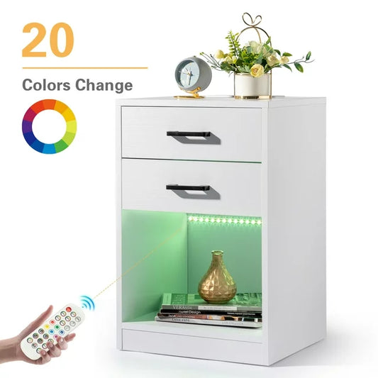 Sesslife Nightstand w/LED Lights, Modern End Table w/Drawer and Shelf, Easy Assembly Sofa Side Table, Widely-Match Bedside Table for Bedroom Living Room, Office, White