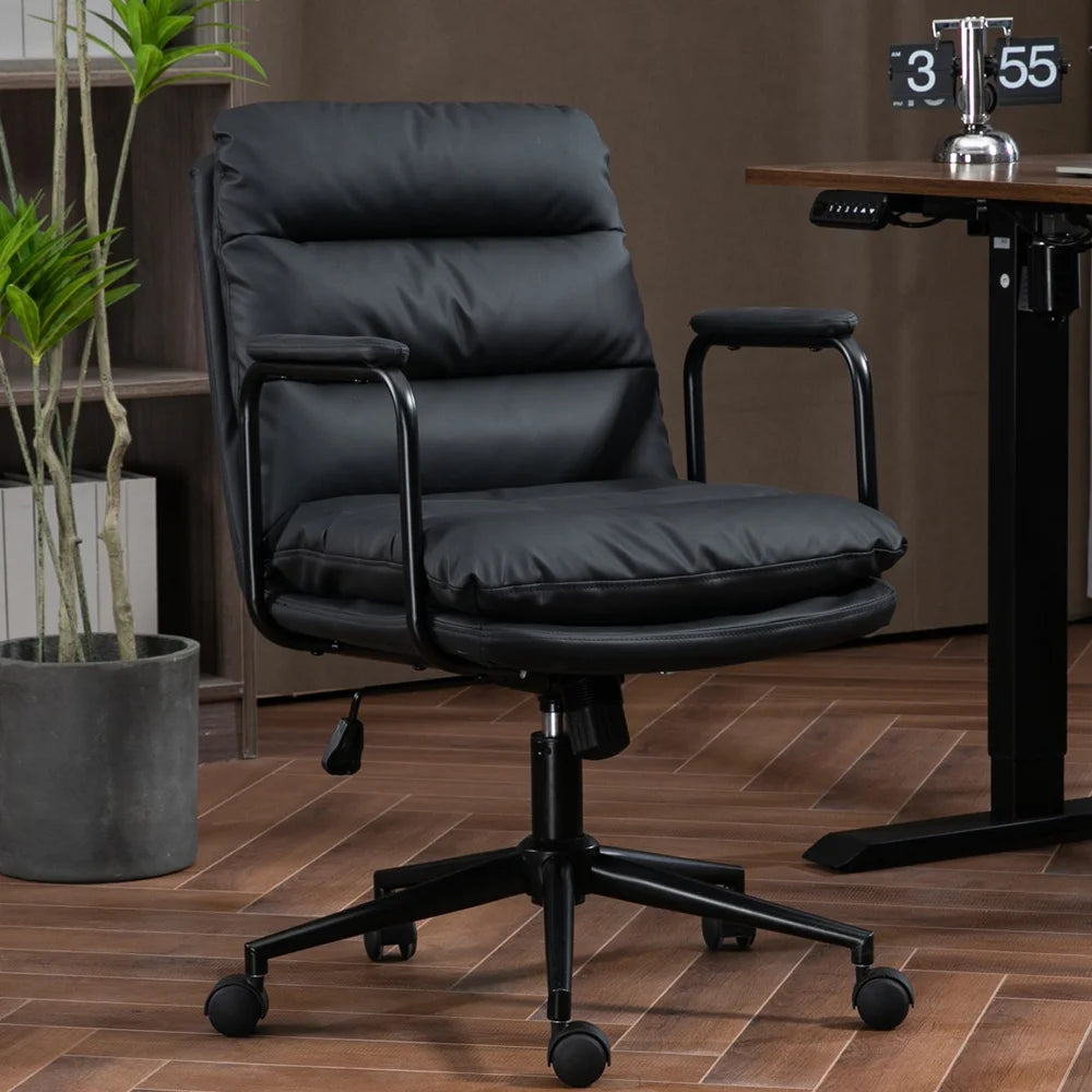 Sesslife PU Office Chair, Height Adjustable Task Chairs, Black Modern Office Chair, 360° Swivel Computer Chair, Metal Base Modern Managerial Chair for Adults and Teens