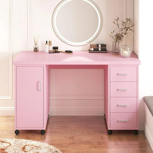 Sesslife Pink Computer Desk, Writing Desk with Lockable Wheels,Modern Wood Study Desk with 4 Drawers for Home Office Workstation