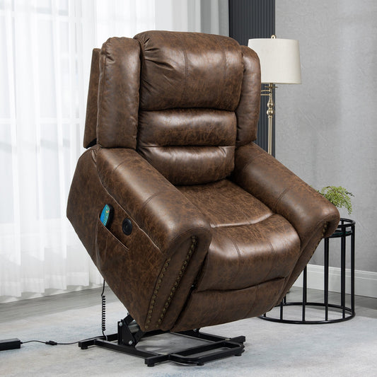 Sesslife Power Lift Recliner Chair with Vibration Massage and Heat Function for Elderly, Leather Electric Recliner Chair with USB Port and Side Pockets for Home Theater, Living Room, Brown