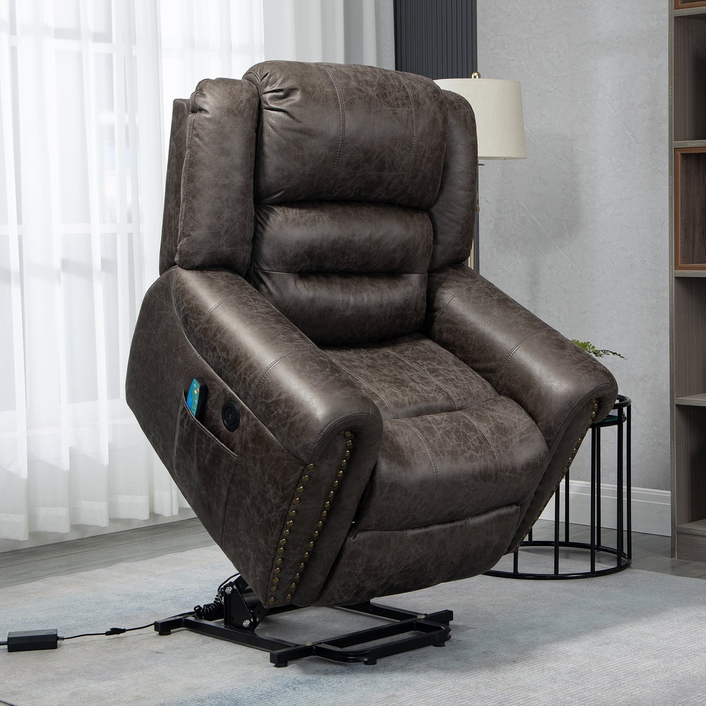 Sesslife Power Lift Recliner Chair with Vibration Massage and Heat Function for Elderly, Leather Electric Recliner Chair with USB Port and Side Pockets for Home Theater, Living Room, Brown