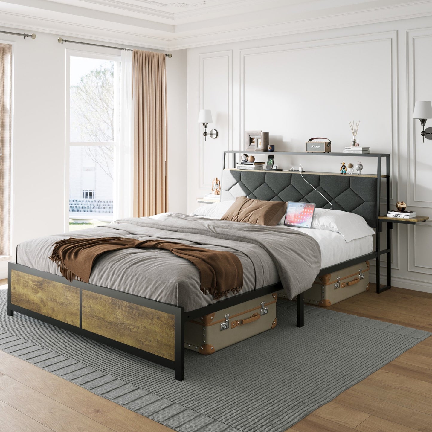 Sesslife Queen Bed Frame with Ergonomic 2-Tier Headboard, Upholstered Platform Bed with Double Bedhead Storage Racks and Charging Station, Strong Metal Slats Support, No Box Spring Needed, Brown