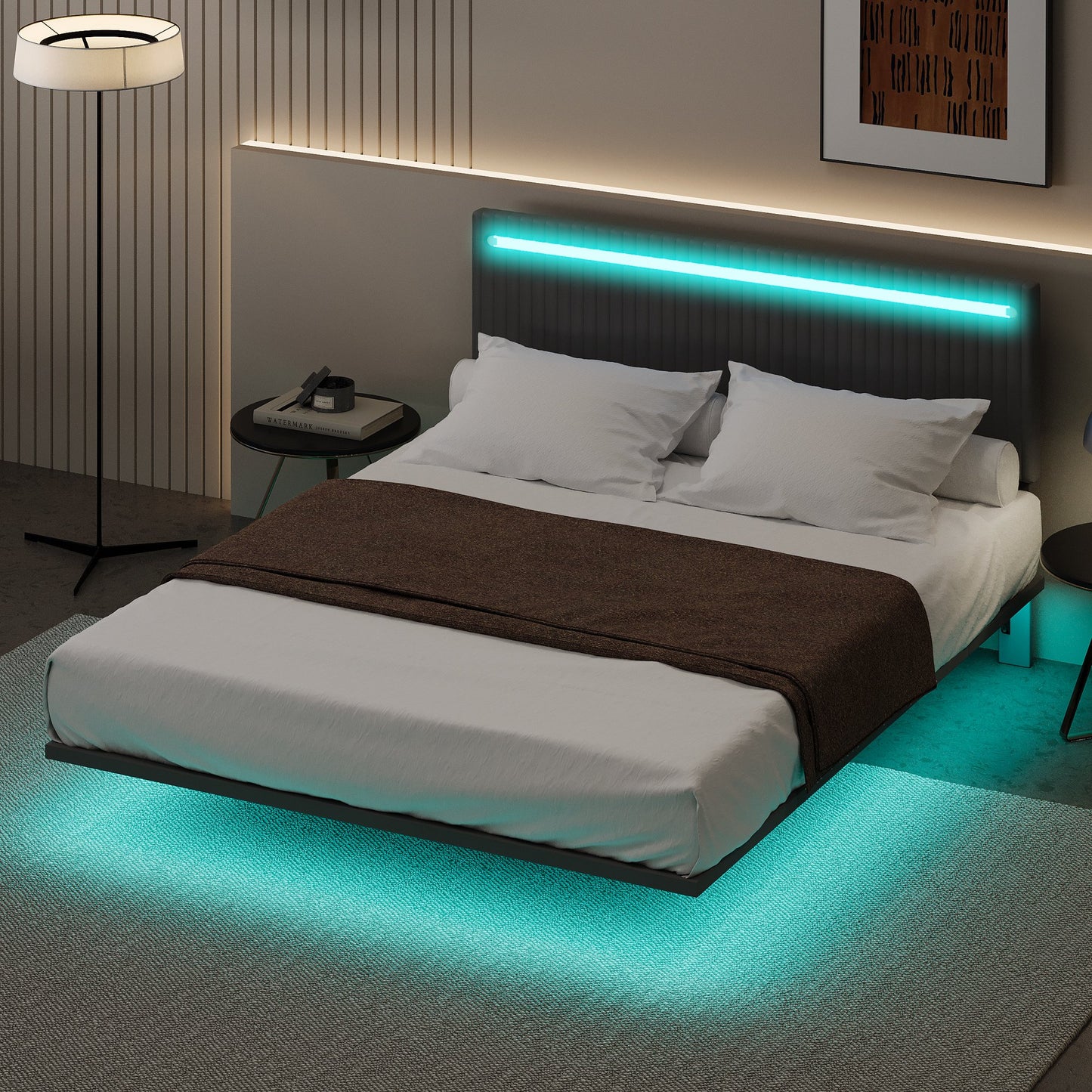 Sesslife Full Bed Frame with LED Lights, Upholstered Floating Bed with Adjustable Velvet Headboard, Modern Floating Bed Frame with Sensor Lights, No Box Spring Needed, Easy Assembly, Gray