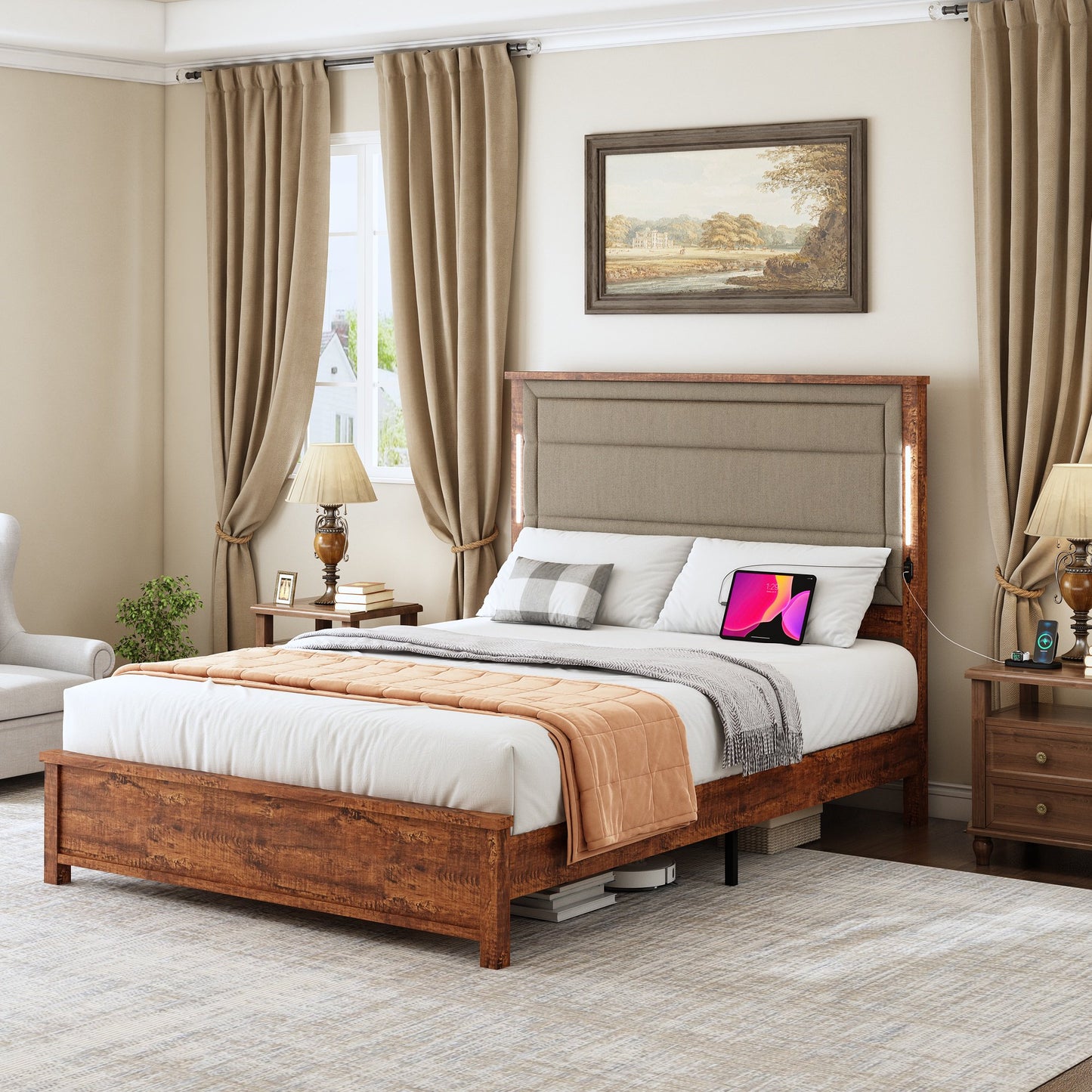 Sesslife Queen Bed Frame with Smart LED light bar, Modern Platform Bed with Charging Station and Upholstered headboard, LED Bed Frame with Large Underbed Storage, No Box Spring Needed, Brown