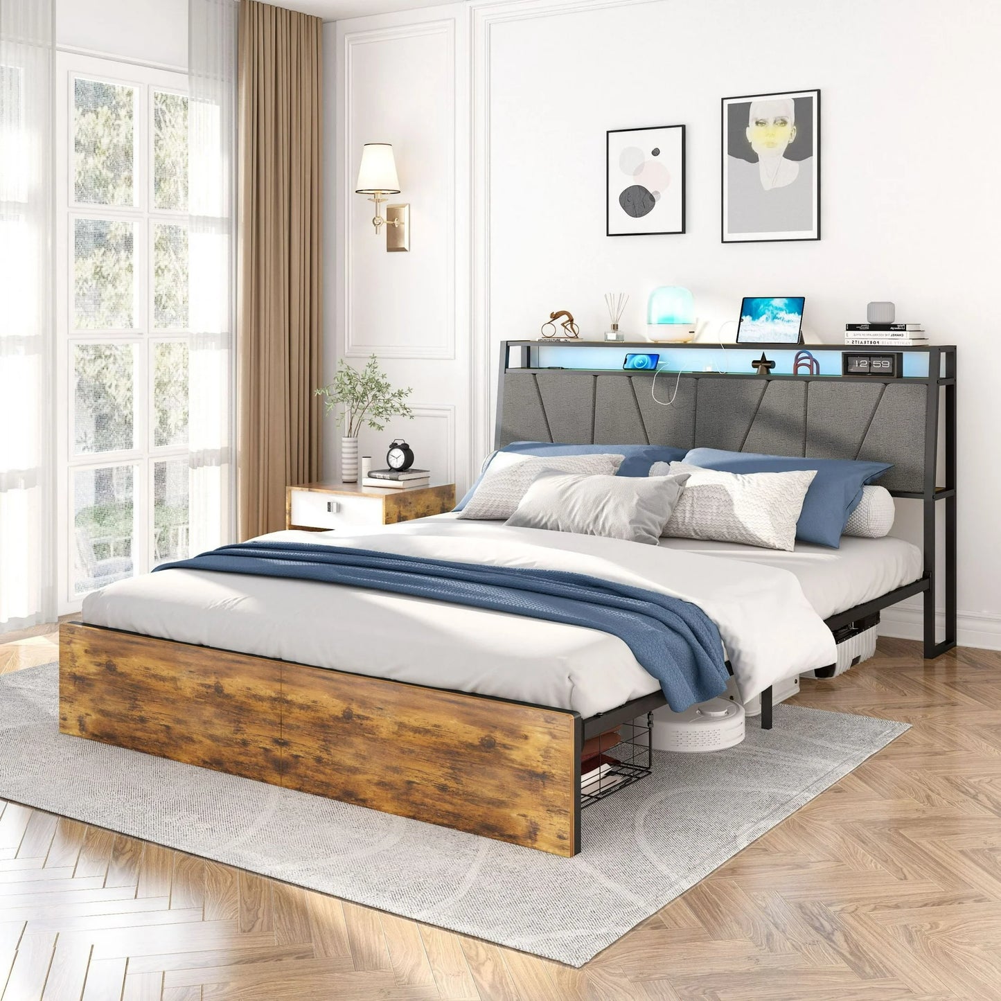 Sesslife Queen Bed Frame with Storage, Metal Platform Bed with Storage Headboard and 2 Storage Drawers, Modern Bed Frame with Power Charging Station and LED Light, No Box Spring Needed, Brown