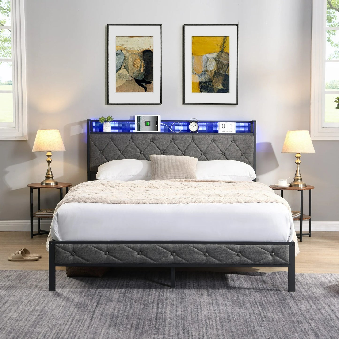 Sesslife Full Size Bed Frame with LED Upholstered Headboard, Metal Platform Bed with Charging Station, Sturdy Slats Support, Large Under Bed Storage, Easy Assembly, No Box Spring Needed, Dark Gray