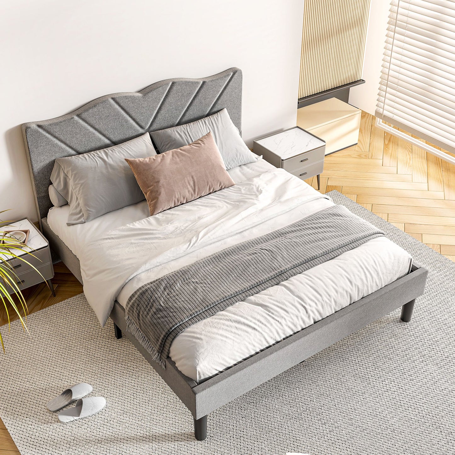 Sesslife Twin Bed Frame with Upholstered Headboard, Modern Platform Bed Twin Size with Strong Wooden Slats, Large Under Bed Storage, Easy Assembly, No Box Spring Needed, Noise-Free, Gray