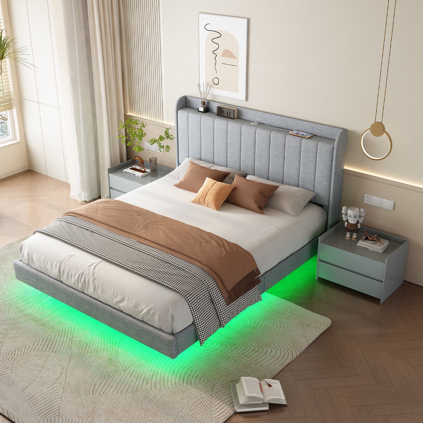 Sesslife Full Floating Bed with LED Lights, Wood Platform Bed Frame with Charging Station, Modern Upholstered Bed with Storage Headboard, Strong Wooden Slats Support, No Spring Box Needed, Gray