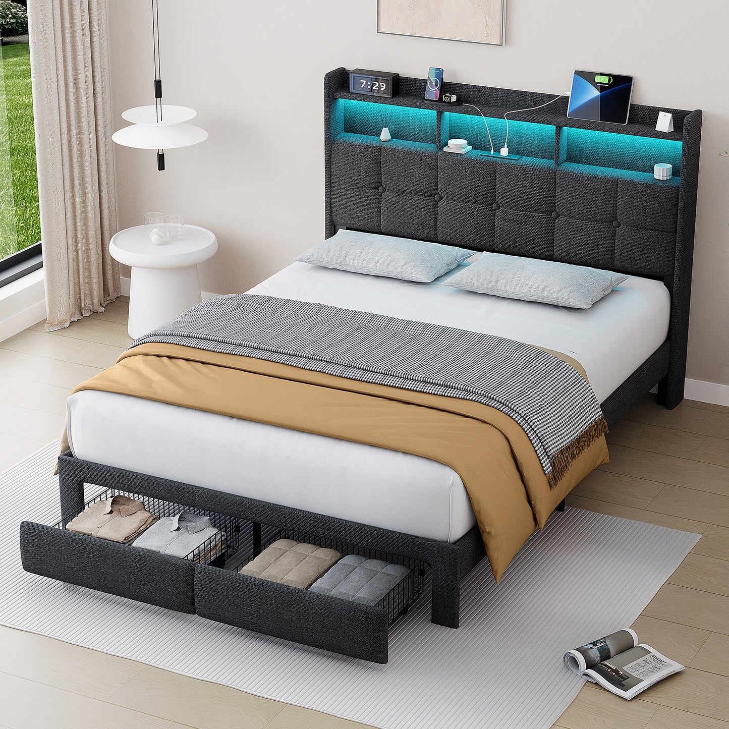 Sesslife Full LED Bed Frame with 2 Storage Drawers, Wood Platform Bed with Wingback Upholstered Storage Headboard and Charging Station, Strong Wooden Slats Support, No Box Spring Needed, Dark Gray
