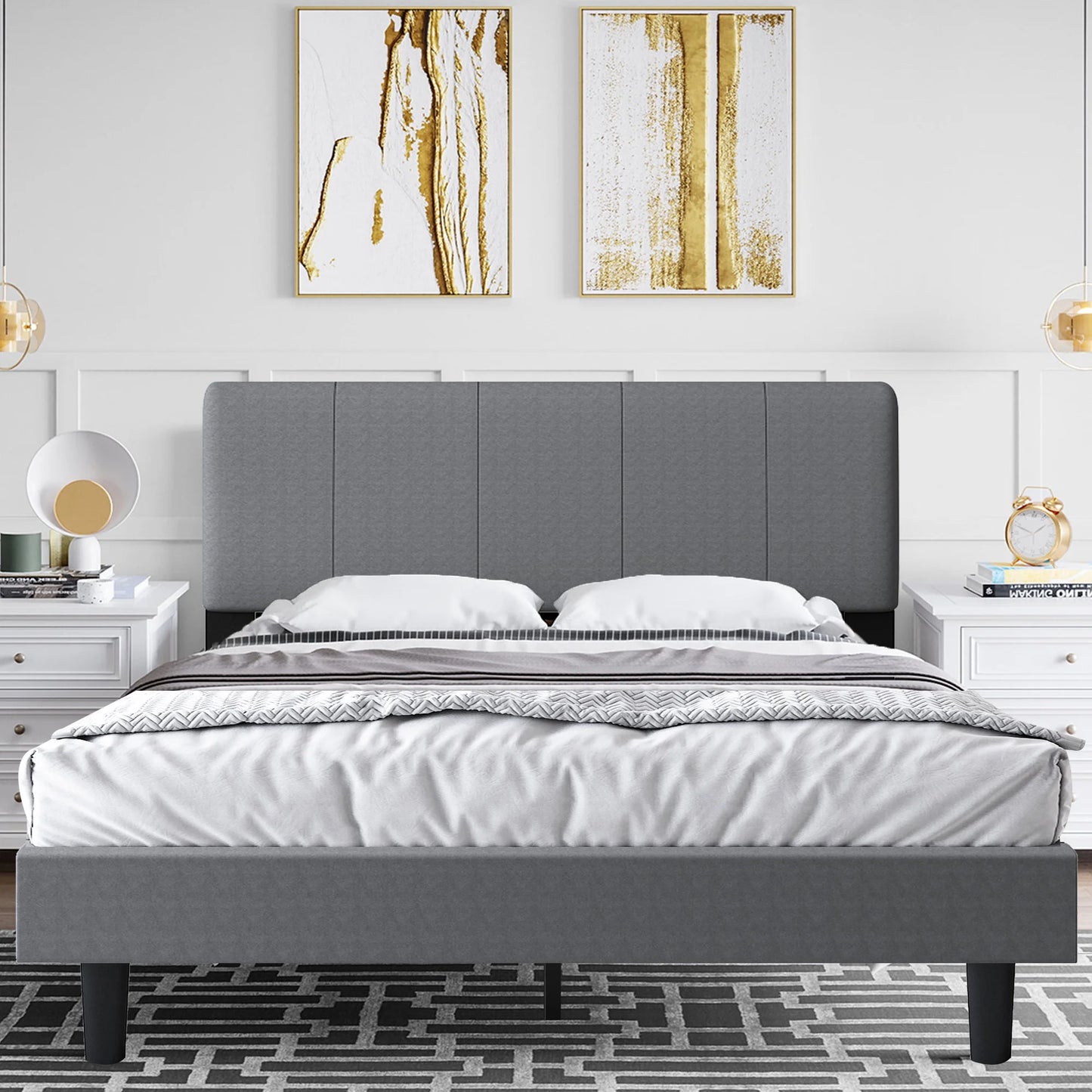 Sesslife Gray Platform Bed Frame, Twin Bed Frame with Upholstered Headboard, Twin Floor Bed Frame, Mattress Foundation, No Box Spring Needed, Easy Assembly
