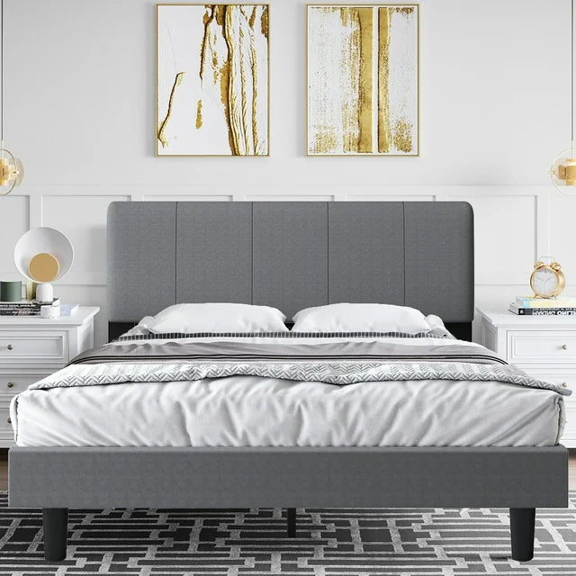 Sesslife Gray Platform Bed Frame, Twin Bed Frame with Upholstered Headboard, Twin Floor Bed Frame, Mattress Foundation, No Box Spring Needed, Easy Assembly