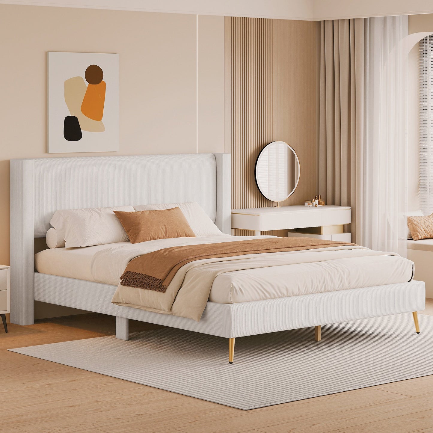 Sesslife Queen Size Bed Frame with Corduroy-Tufted Headboard, Modern Platform Bed with Strong Wood Slats Support, Upholstered Bed with Metal Legs, Easy Assembly, No Box Spring Needed, Gray