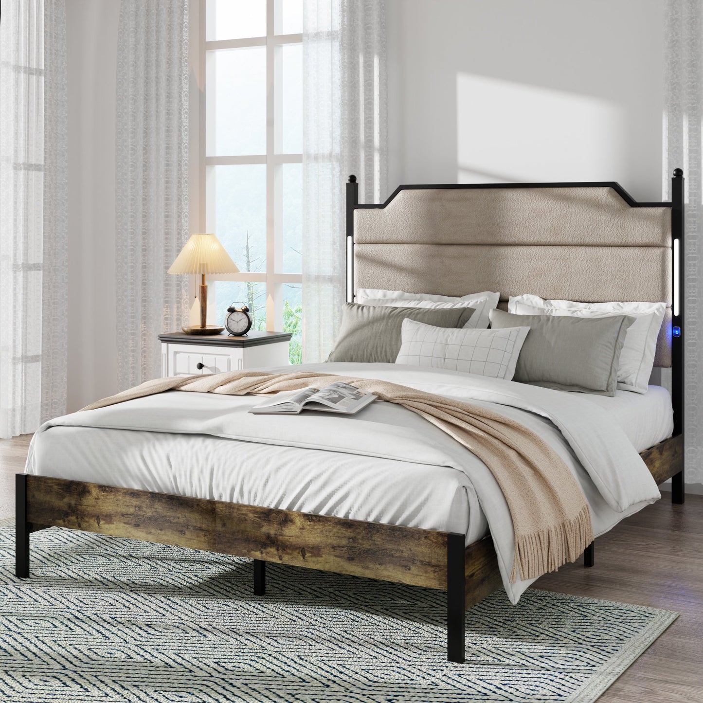 Sesslife Queen Size Bed Frame with Smart LED light Bar, Modern Upholstered Platform Bed with Extra Under Bed Storage for Bedroom, Strong Wood Slats Support, No Box Spring Support, Brown