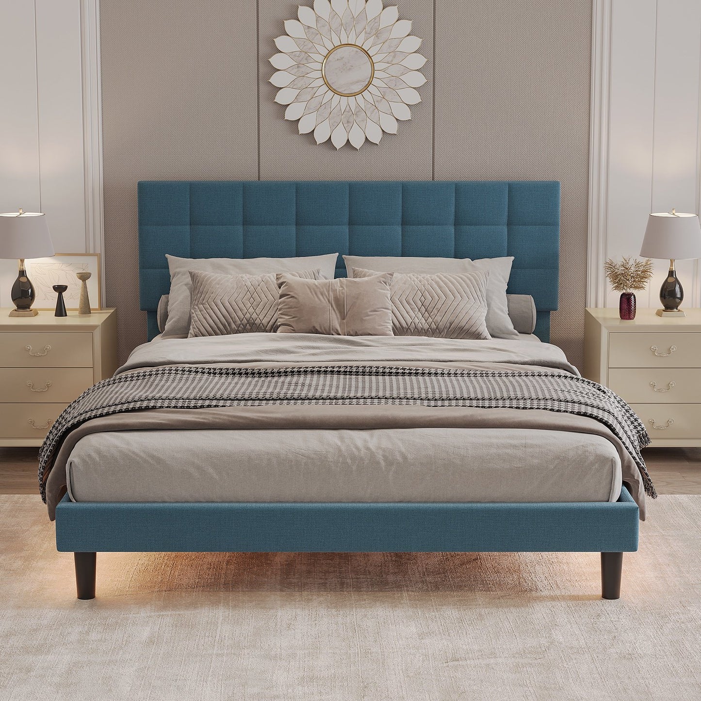 Sesslife Queen Size LED Bed Frame with Adjustable Headboard, Modern Upholstered Platform Bed with Under Bed LED Light, Strong Solid Wood Slats Support, No Box Spring Needed, Blue