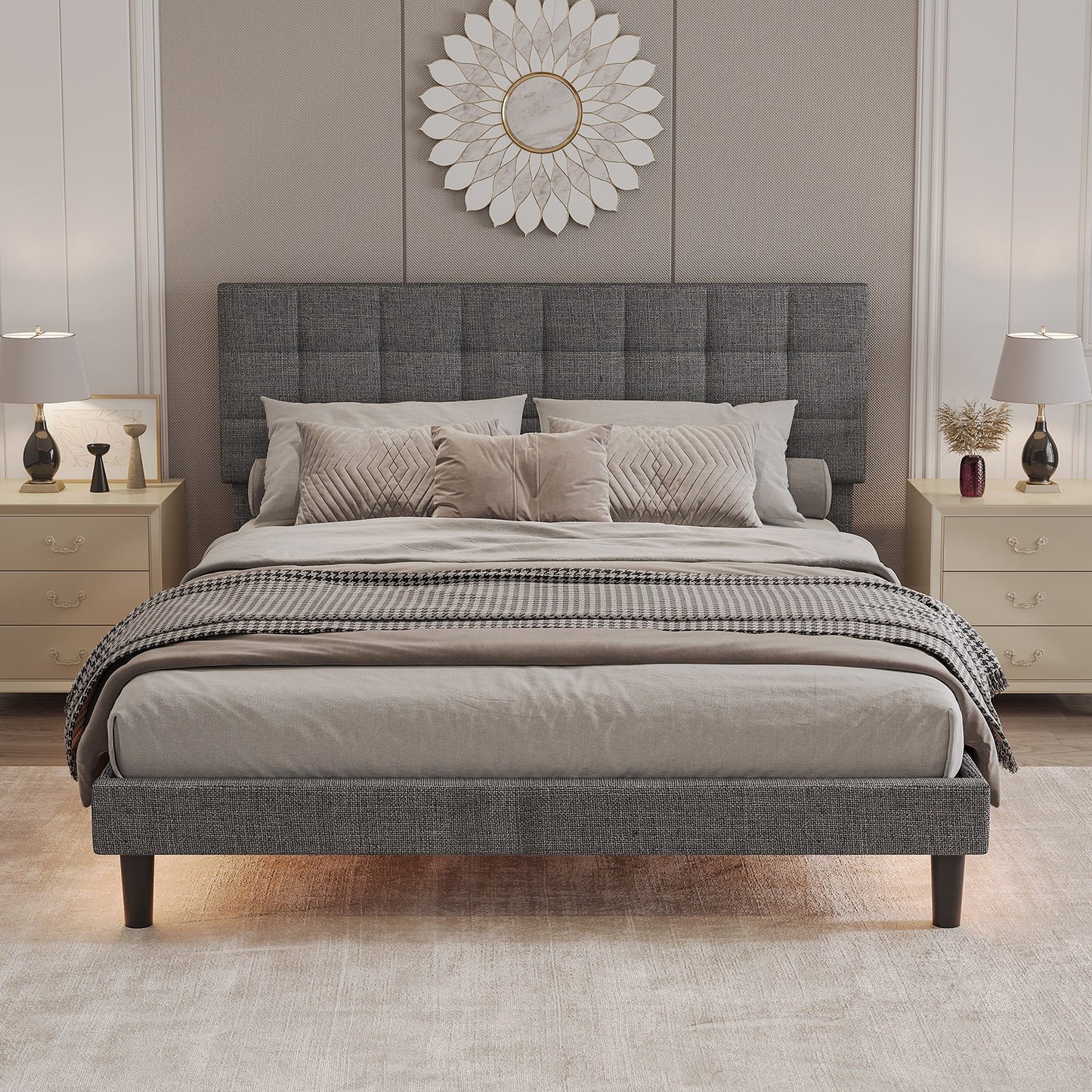 Sesslife Queen Size LED Bed Frame with Adjustable Headboard, Modern Upholstered Platform Bed with Under Bed LED Light, Strong Solid Wood Slats Support, No Box Spring Needed, Blue