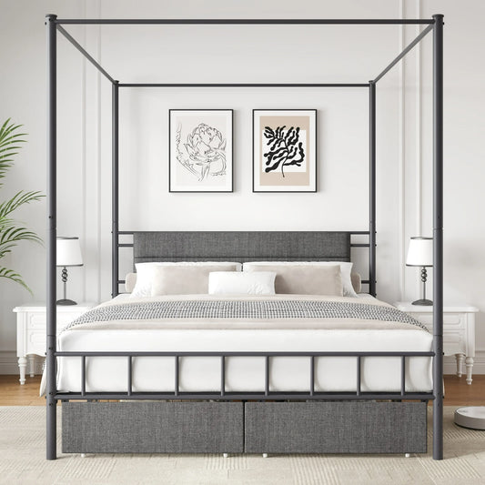 Sesslife Queen Canopy Bed Frame with Upholstered Headboard, Modern Metal Platform Bed with 2 Storage Drawers, Canopy Bed Curtain Not Included, Large Under Bed Space, No Box Spring Needed, Gray+Black
