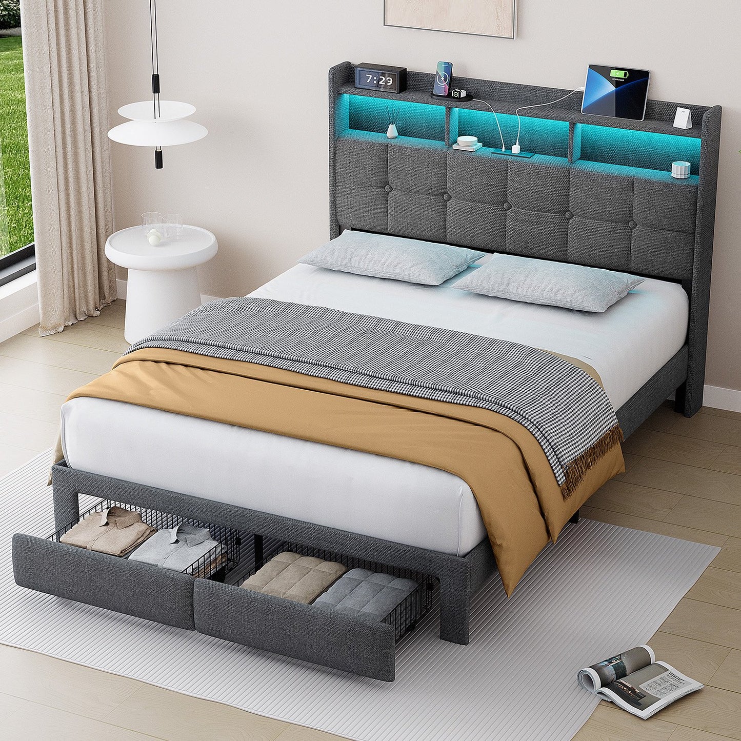 Sesslife Full Size LED Bed Frame with Wingback Storage Headboard, Upholstered Platform Bed with 2 Storage Drawers and Charging Station, Strong Wooden Slats Support, No Box Spring Needed, Gray
