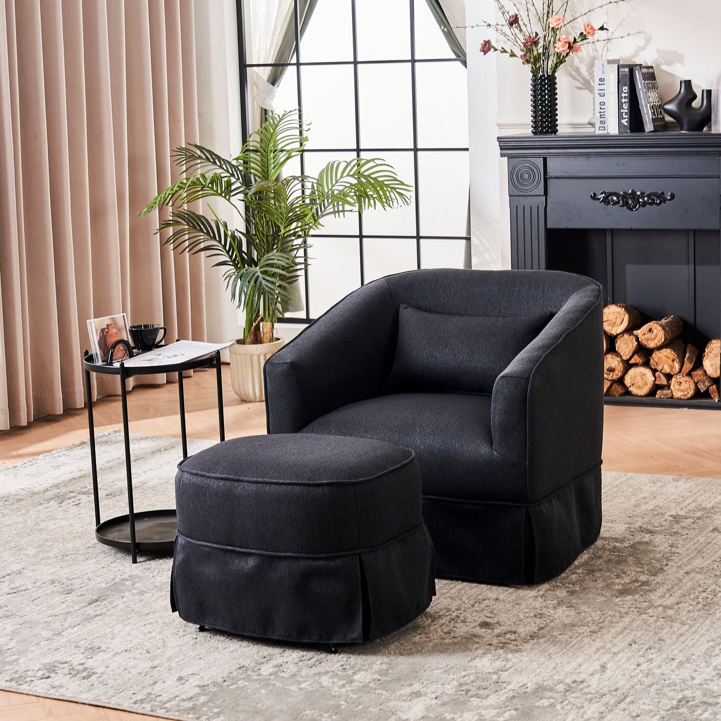 Sesslife Swivel Barrel Chair with Ottoman, Comfy Linen Fabric Upholstered Leisure Armchair with pillow, Modern Accent Chair with Metal Base for Living Room Bedroom Reading Room, Dark Gray