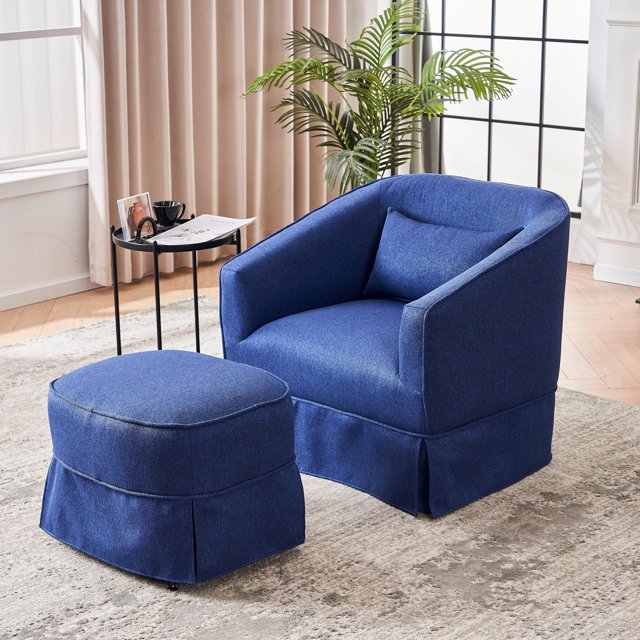 Sesslife Swivel Barrel Chair with Ottoman, Comfy Linen Fabric Upholstered Leisure Armchair with pillow, Modern Accent Chair with Metal Base for Living Room Bedroom Reading Room, Dark Gray