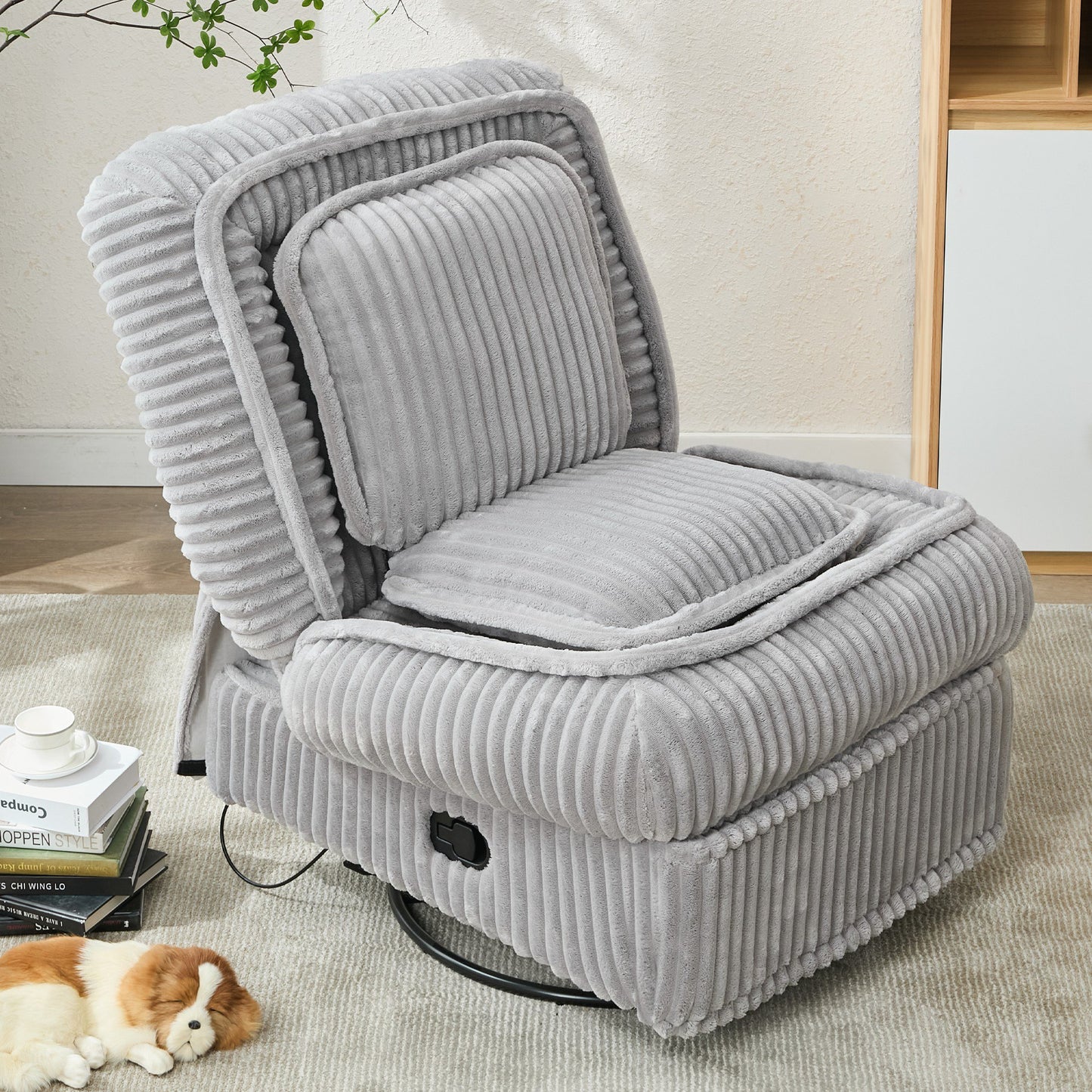 Sesslife Swivel Rocker Recliner Chair with Adjustable Backrest, Footrest and Pillow, Corduroy Manual Reclining Chair, Single Sofa Lounge Chair for Living Room Bedroom, Metal Frame, Gray