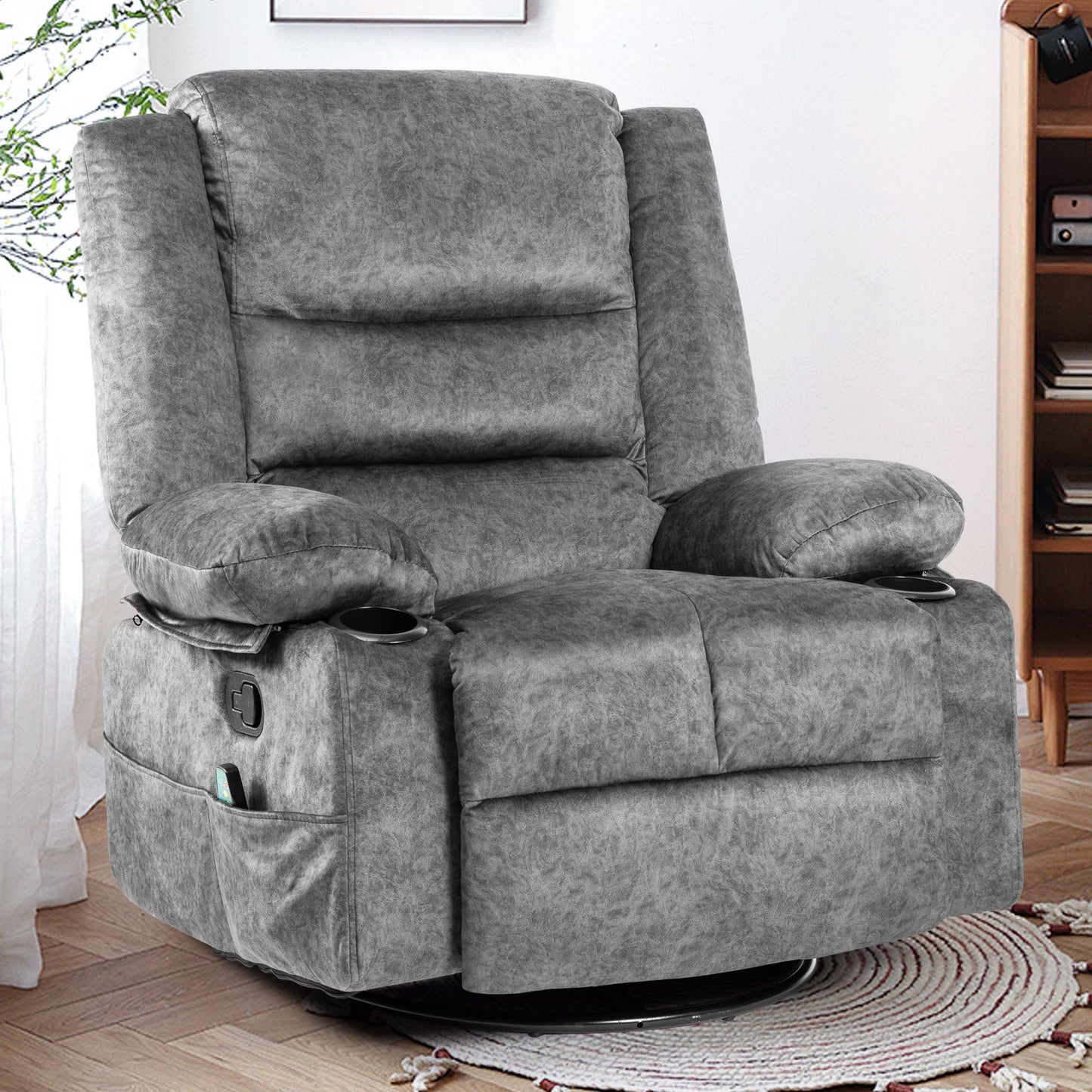 Sesslife Swivel Rocker Recliner Chair with Vibration Massage and Heat Function, Heavy-Duty Ergonomic Lounge Chair for Living Room Nursery with Rocking Function, Side Pockets and 2 Cup Holders, Gray