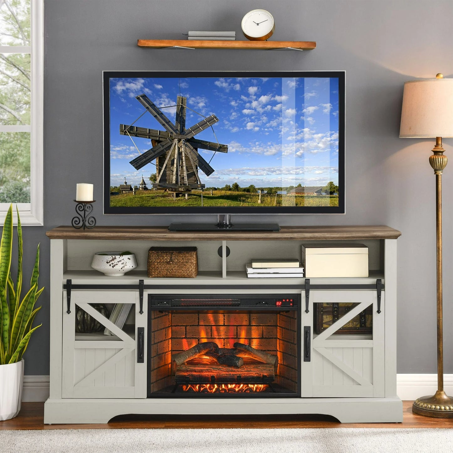 Sesslife Electric Fireplace TV Stand for 70" TVs with Remote Control, Farmhouse Entertainment Center with 26" Fireplace, Wood TV Console Table with Adjustable Shelves for Living Room, Brown