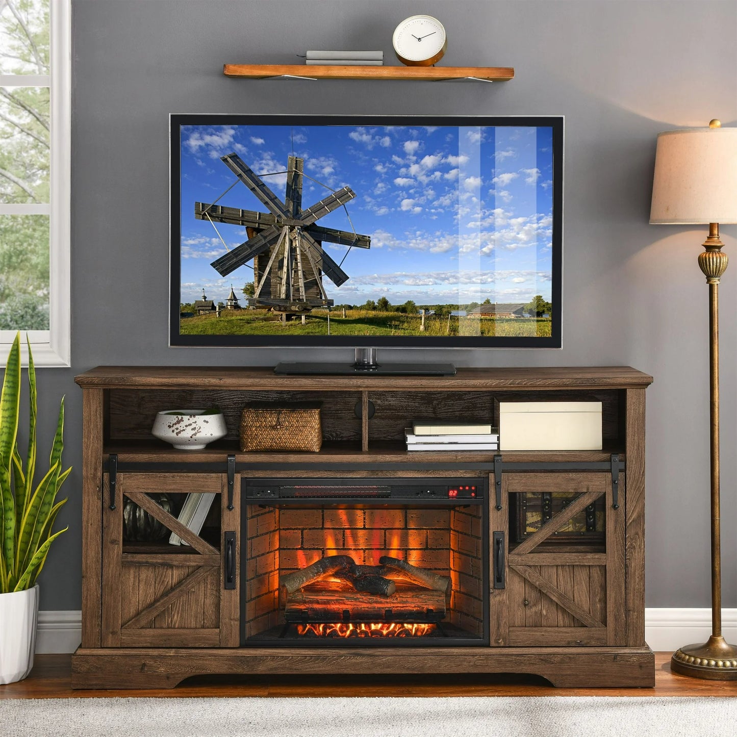 Sesslife Electric Fireplace TV Stand for 70" TVs with Remote Control, Farmhouse Entertainment Center with 26" Fireplace, Wood TV Console Table with Adjustable Shelves for Living Room, Brown
