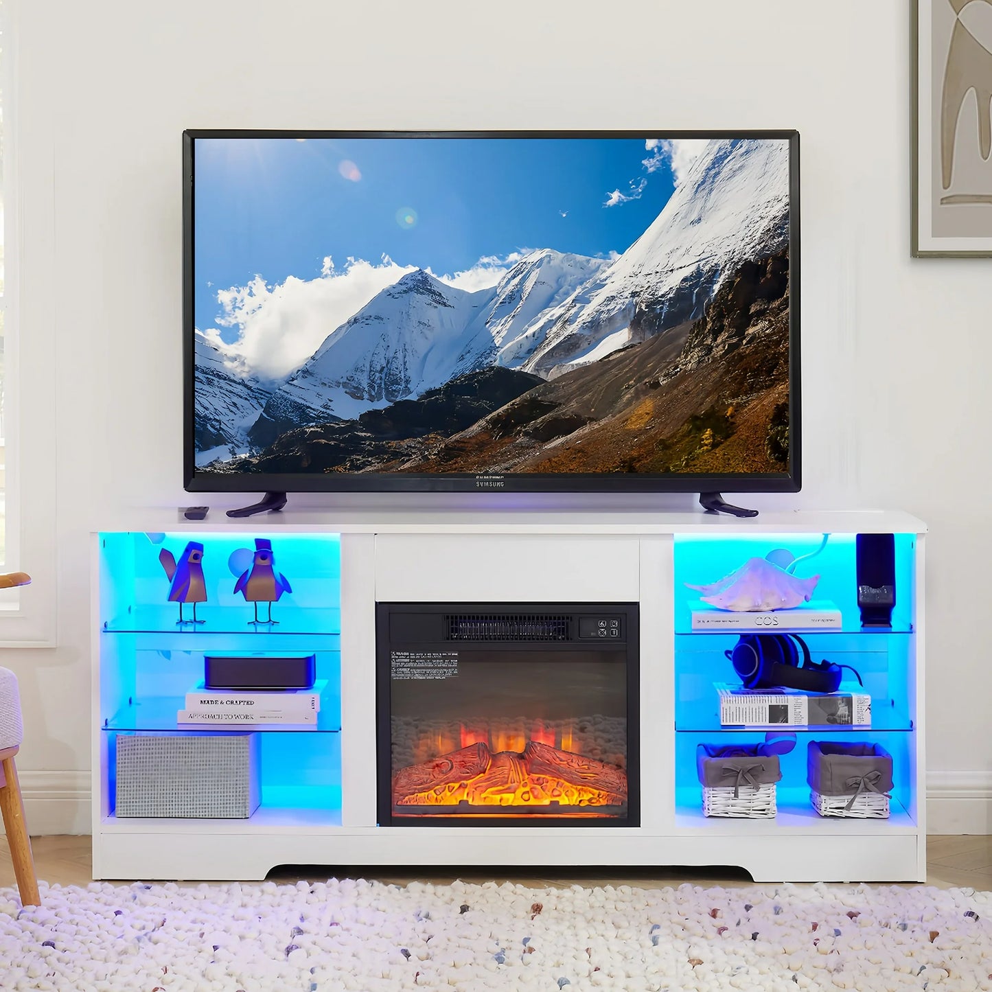 Sesslife Electric Fireplace TV Stand with LED Lights for 60 Inch TV, TV Console with Adjustable Open Storage Shelves and Charging Station, Modern Media Entertainment Center for Living Room, White