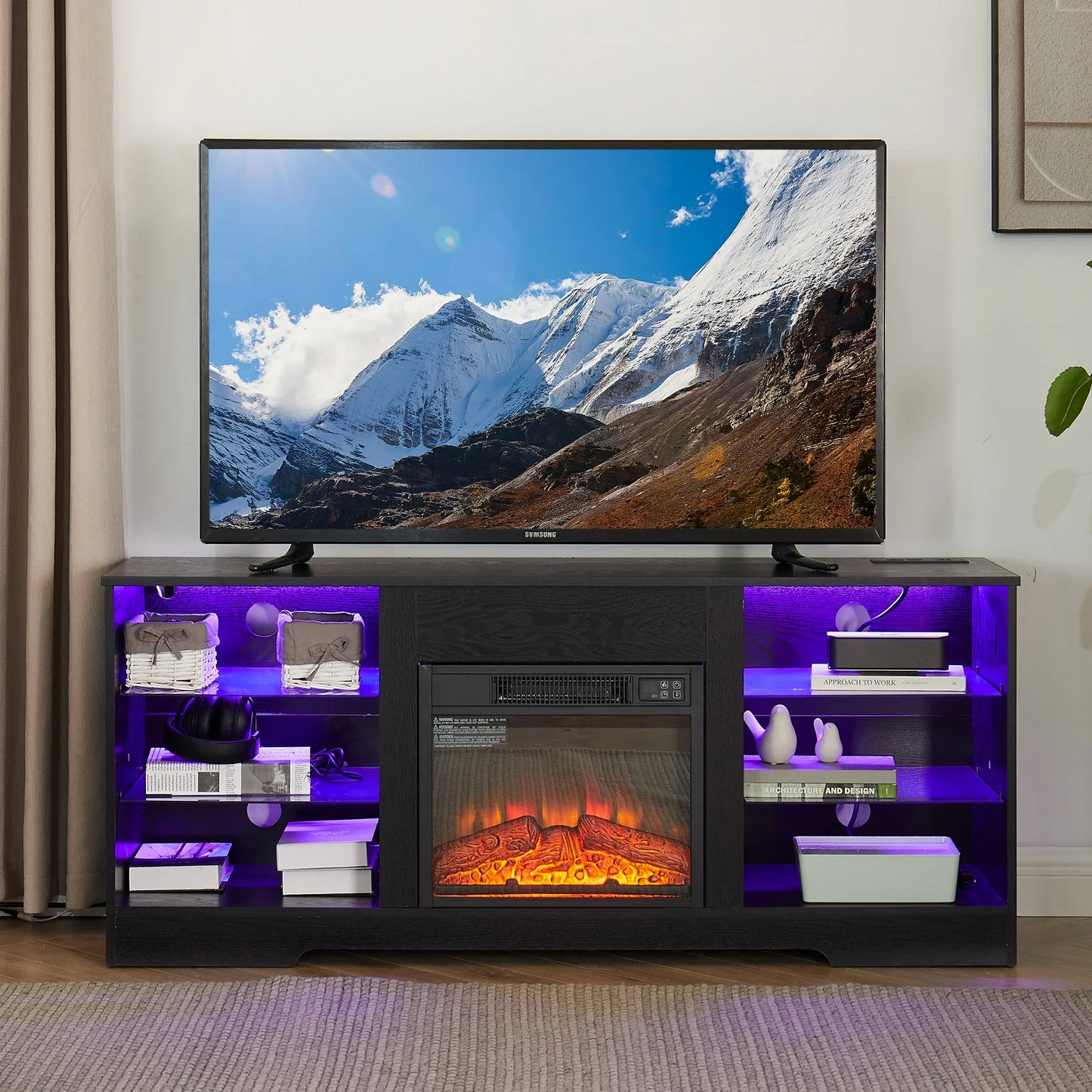 Sesslife Electric Fireplace TV Stand with LED Lights for 60 Inch TV, TV Console with Adjustable Open Storage Shelves and Charging Station, Modern Media Entertainment Center for Living Room, White