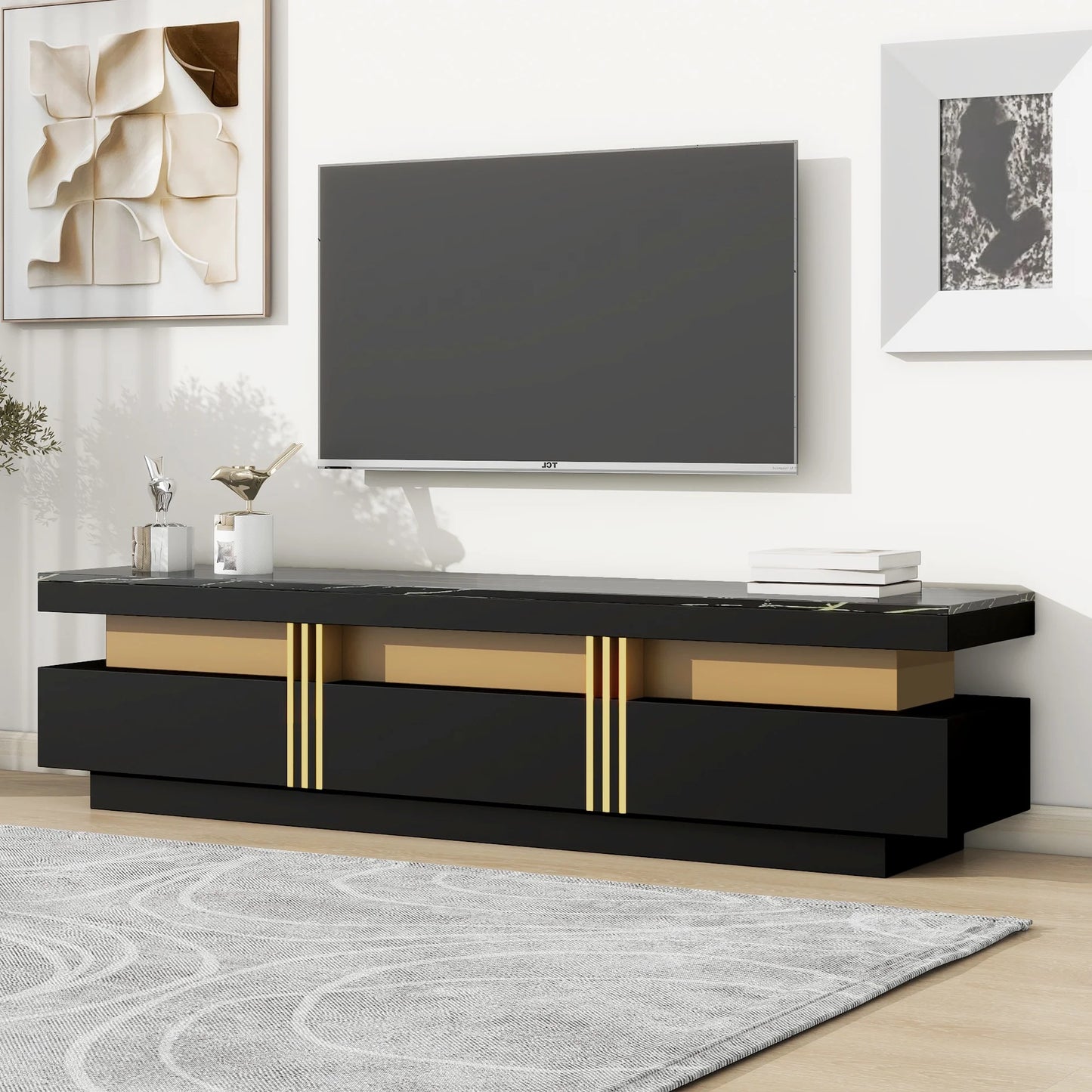 Sesslife TV Stand for 70-80inch TV, Modern High Gloss Marble Top TV Console Cabinet with Storage for Living Room, Luxury Media Entertainment Center with 3 Roomy Drawers, Black