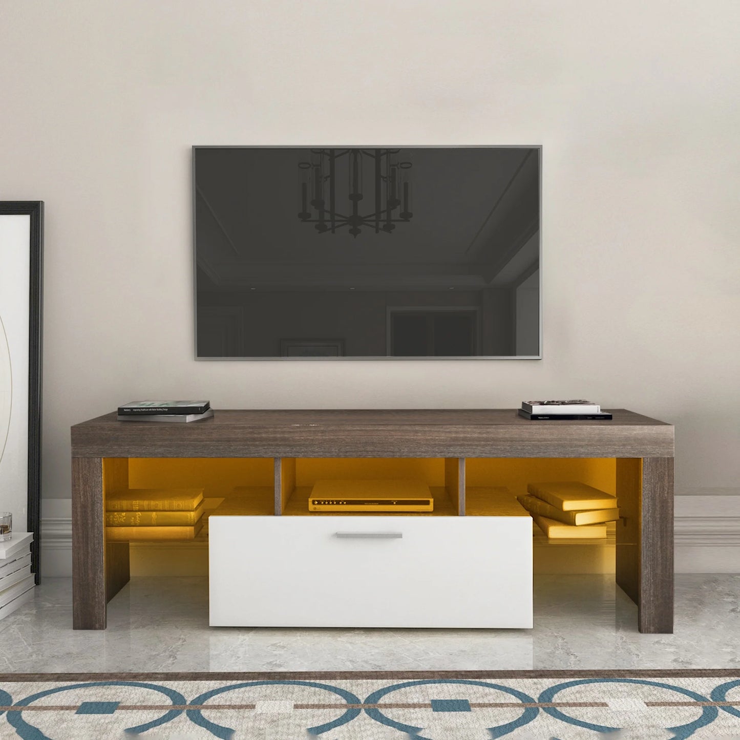 ENYOPRO LED TV Stand for 55 inch TV with Storage, TV Stand with 2 Drawers, TV Console Television Stands for Living Room,Brown+White