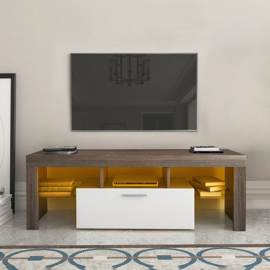 ENYOPRO LED TV Stand for 55 inch TV with Storage, TV Stand with 2 Drawers, TV Console Television Stands for Living Room,Brown+White