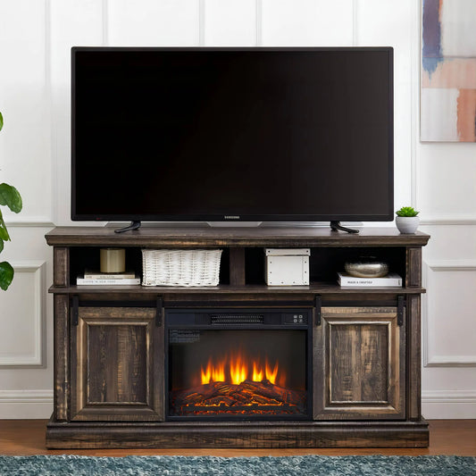 Sesslife TV Stand with Fireplace for 60" TV, Farmhouse TV Entertainment Center with Electric Fireplace & LED Lights, Wood Media Console Cabinet with 2 Sliding Doors for Living Room, Brown