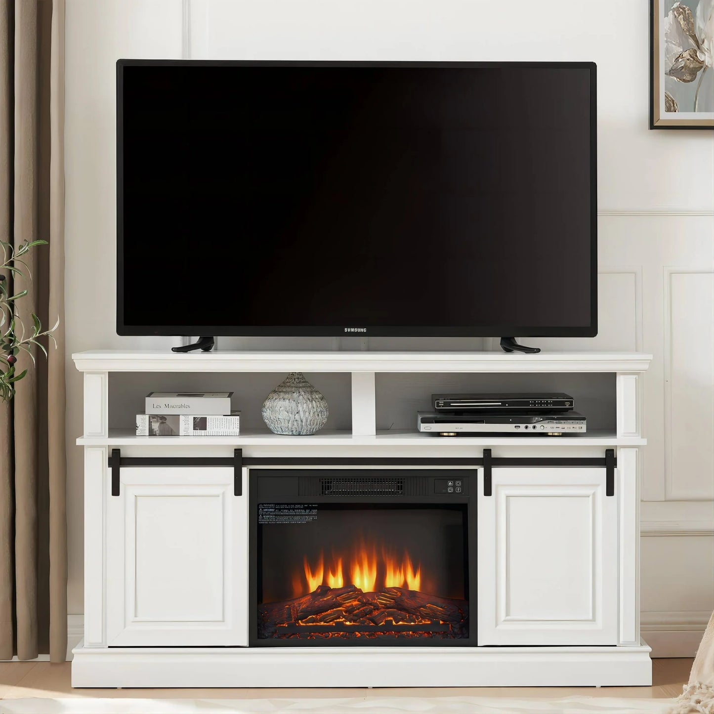 Sesslife TV Stand with Fireplace for 60" TV, Farmhouse TV Entertainment Center with Electric Fireplace & LED Lights, Wood Media Console Cabinet with 2 Sliding Doors for Living Room, Brown