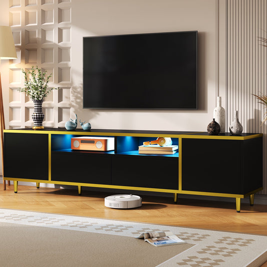 Sesslife TV Stand for TV up to 80", Modern Living Room Entertainment Center Furniture with RGB LED Lights, Media Console Table with 2 Storage Cabinets, 2 Drawers and Open Shelves, White