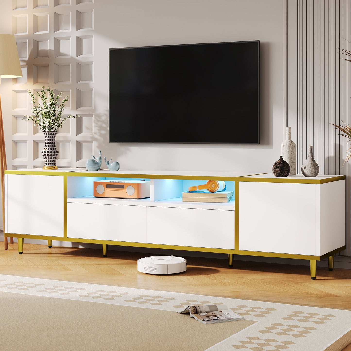 Sesslife TV Stand for TV up to 80", Modern Living Room Entertainment Center Furniture with RGB LED Lights, Media Console Table with 2 Storage Cabinets, 2 Drawers and Open Shelves, White