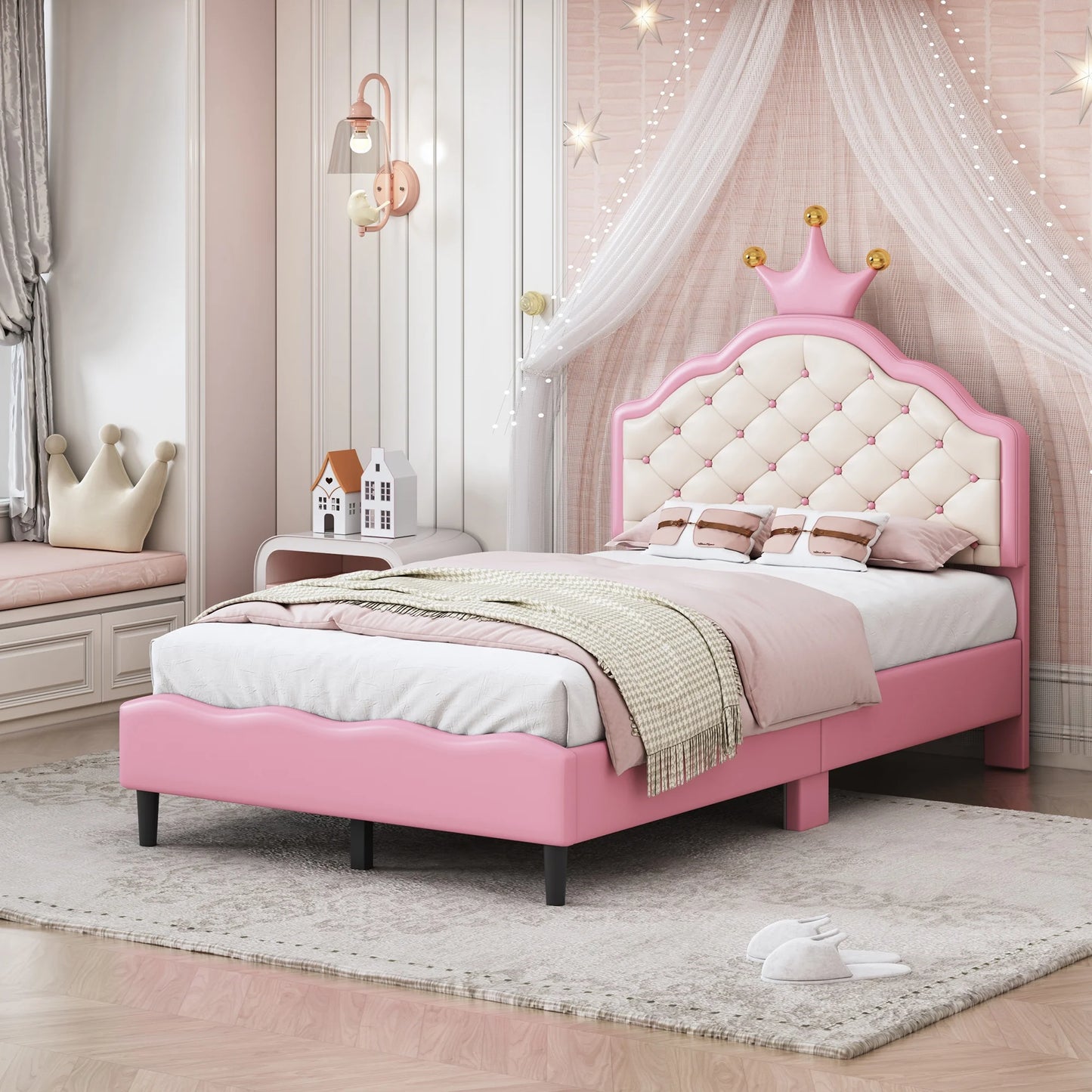 Sesslife Twin Bed Frame with Crown-Shaped Tufted Headboard, Cute PU Leather Bed Frame with Strong Wood Slats Support, Modern Platform Bed for Kids Teens Adults, Easy Assembly, Pink