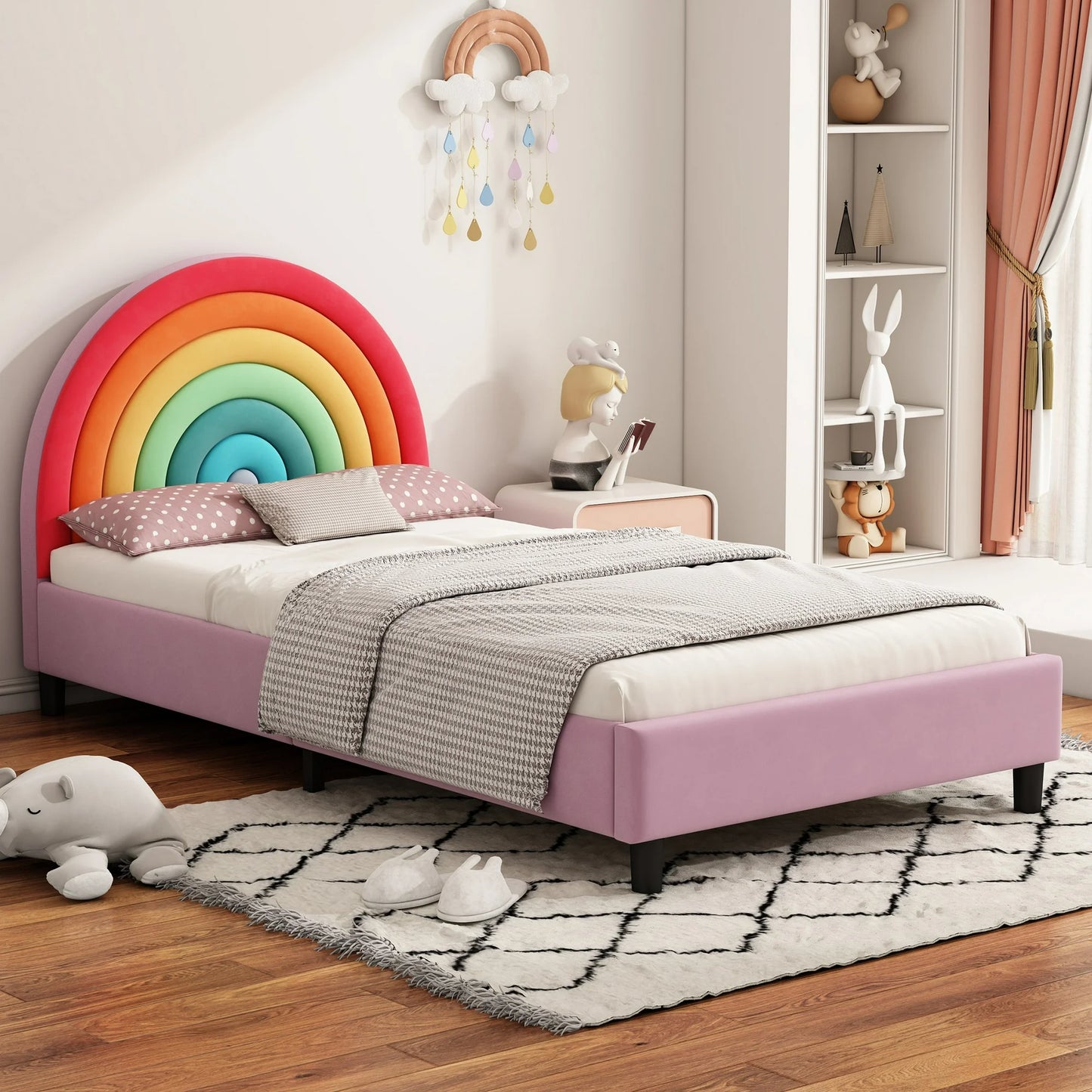 Sesslife Twin Bed Frame for Kids, Upholstered Kids Bed with Safety Fence, Cute Bed Frame with Rainbow-Shaped Headboard, Cartoon Platform Bed for Boys and Girls, No Box Spring Needed, Pink