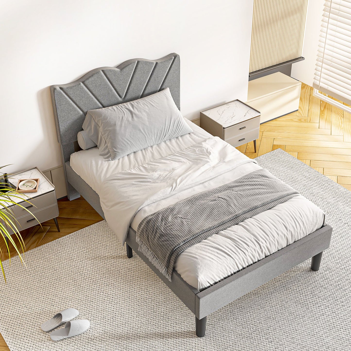 Sesslife Twin Bed Frame with Upholstered Headboard, Modern Platform Bed Twin Size with Strong Wooden Slats, Large Under Bed Storage, Easy Assembly, No Box Spring Needed, Noise-Free, Gray
