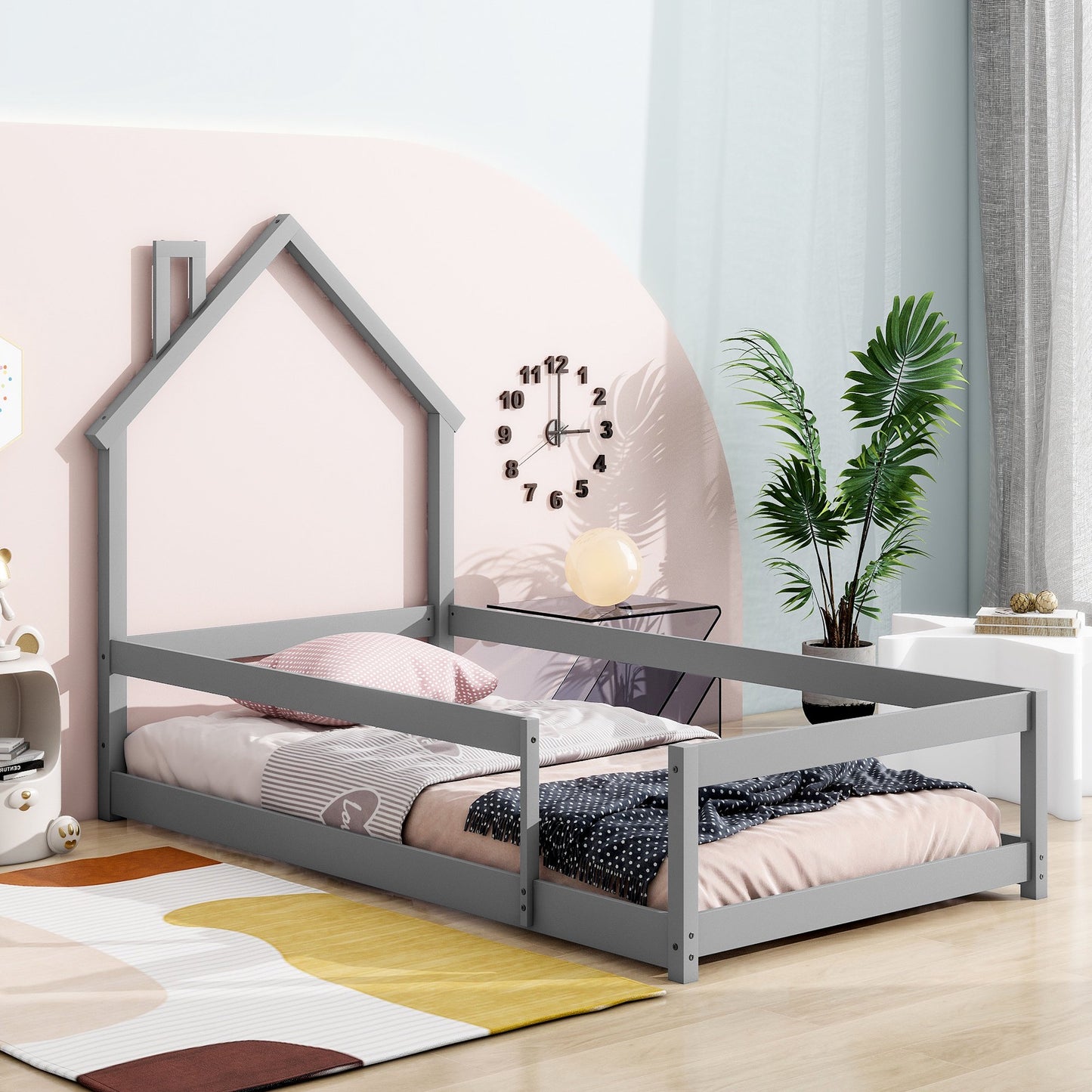 Sesslife Twin Floor Bed with House-Shaped Headboard, Wood Platform Bed Frame with Safety Guardrails, Cute Kids Bed for Boys Girls, Easy Assembly, Strong Slats Support, No Box Spring Needed, Blue