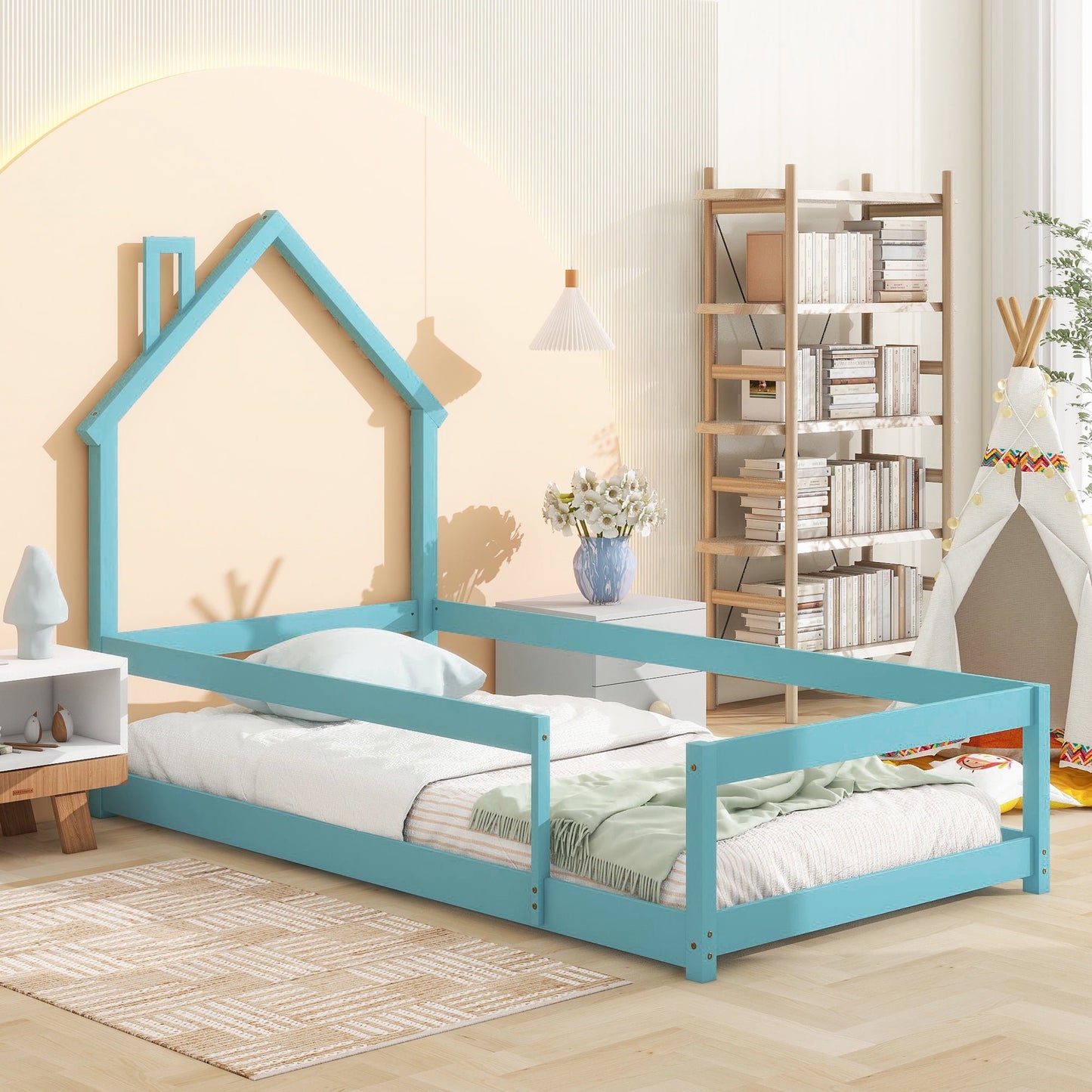 Sesslife Twin Floor Bed with House-Shaped Headboard, Wood Platform Bed Frame with Safety Guardrails, Cute Kids Bed for Boys Girls, Easy Assembly, Strong Slats Support, No Box Spring Needed, Blue