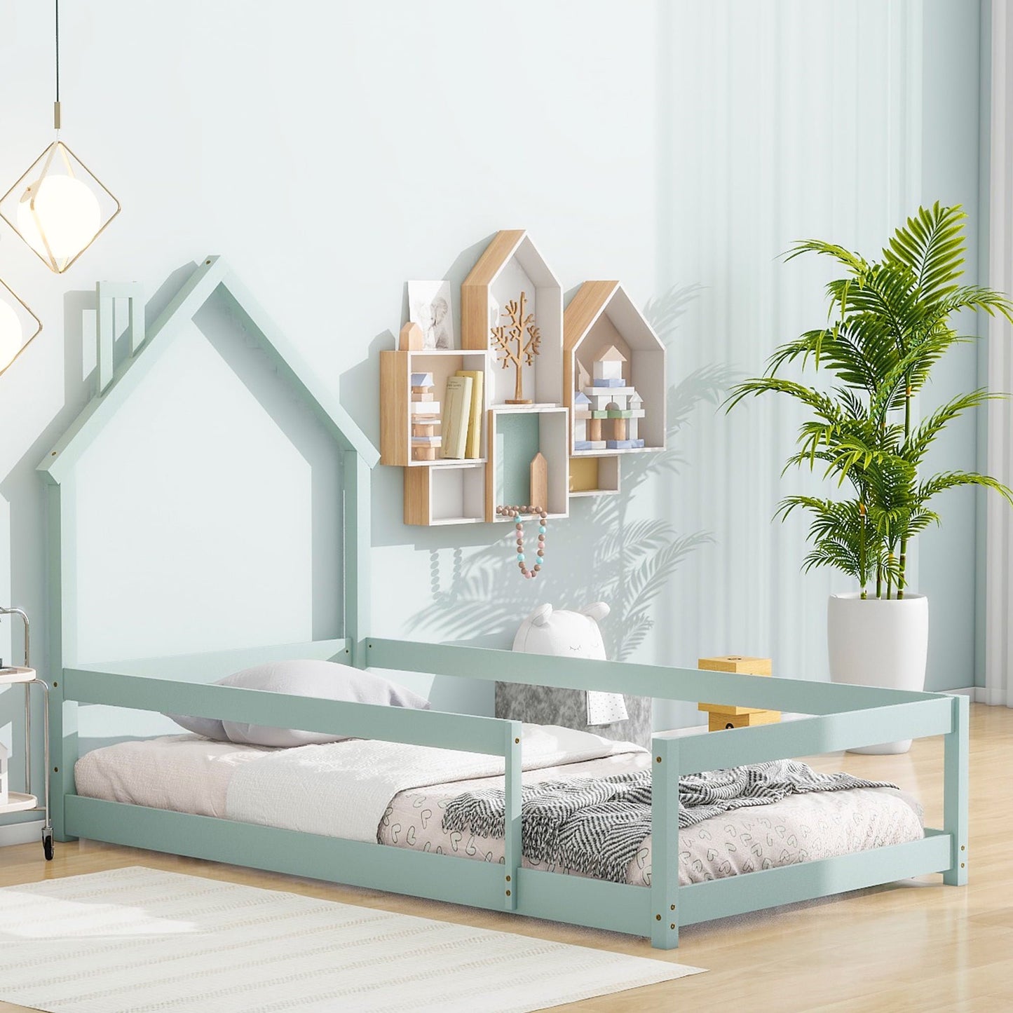 Sesslife Twin Floor Bed with House-Shaped Headboard, Wood Platform Bed Frame with Safety Guardrails, Cute Kids Bed for Boys Girls, Easy Assembly, Strong Slats Support, No Box Spring Needed, Blue