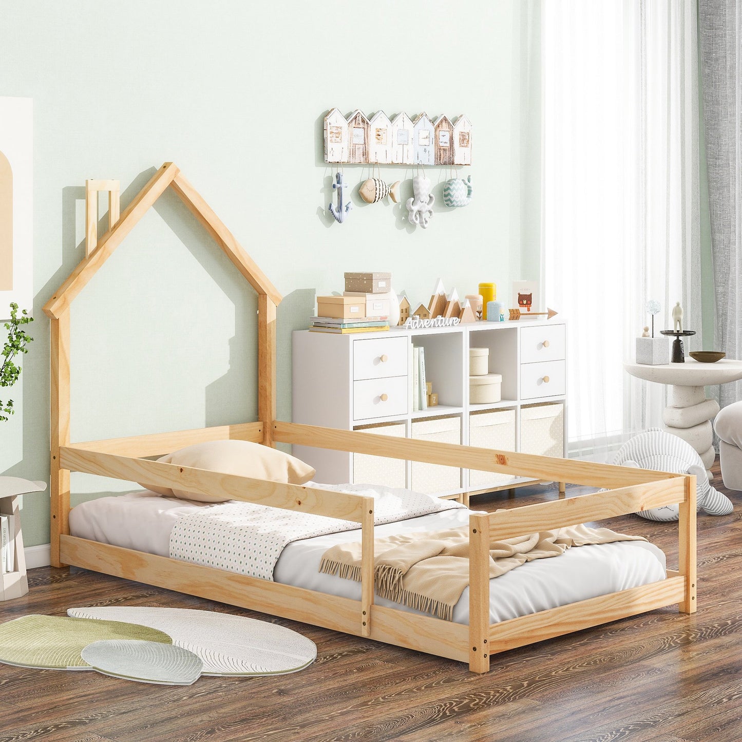 Sesslife Twin Floor Bed with House-Shaped Headboard, Wood Platform Bed Frame with Safety Guardrails, Cute Kids Bed for Boys Girls, Easy Assembly, Strong Slats Support, No Box Spring Needed, Blue